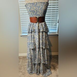 Entro Blue and White Strapless Floral Dress